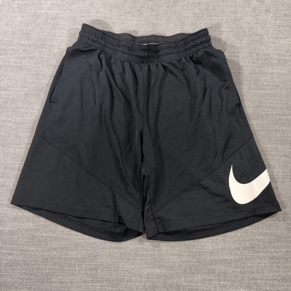 Nike Dri-FIT Athletic Shorts Mens Large Black Excellent Oversized Swoosh Logo